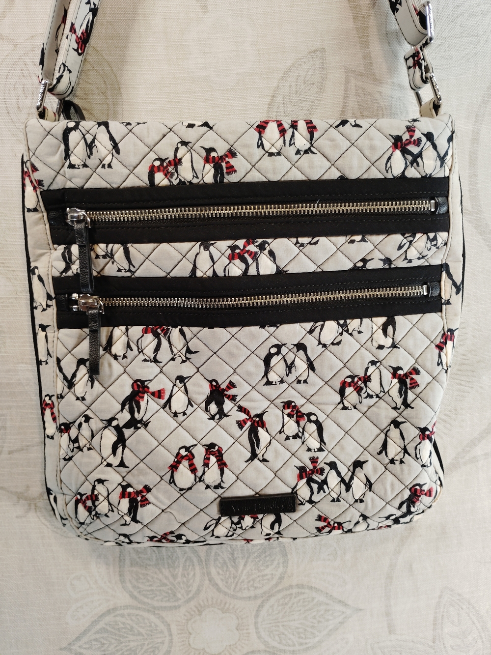 Vera Bradley Quilted Crossbody Bag in Grey w/ Black And White Penguin Print